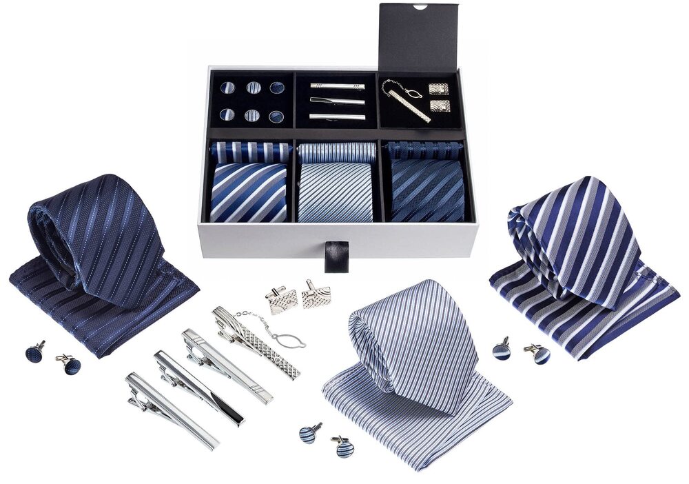 7082 Premium ’s Gift Tie Set Silky Necktie Pocket Squares Tie Clips